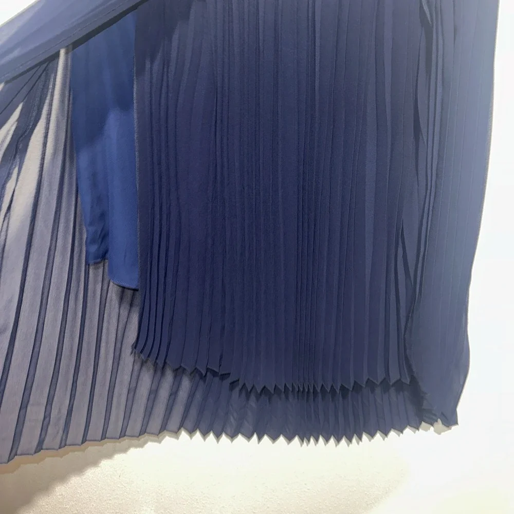 Pleione Asymmetrical Pleated Midi Skirt Black Sheer Overlay Size S Navy Pull‎ On
